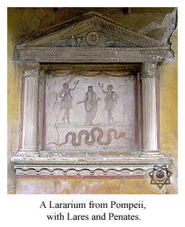 A Lararium from Pompeii, with Lares and Penates.