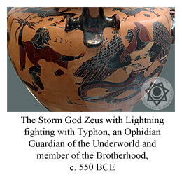 The Storm God Zeus with Lightning fighting Typhon, an Ophidian Guardian of the Underworld and member of the Brotherhood, c. 550 BCE